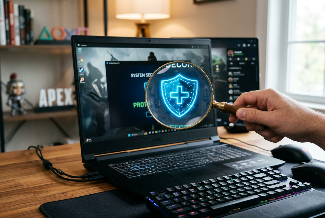 A magnifying glass hovering over a digital security shield.