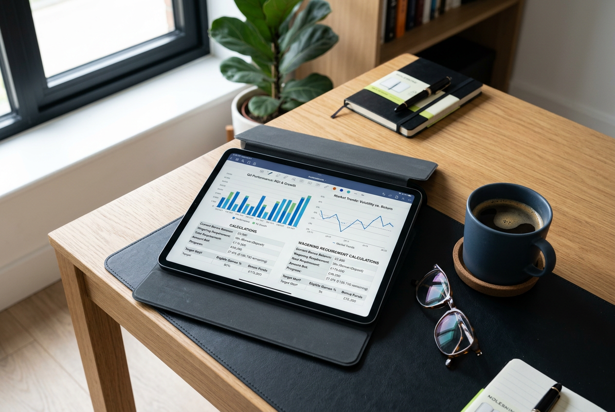Close-up of a digital tablet showing casino bonus analytics.