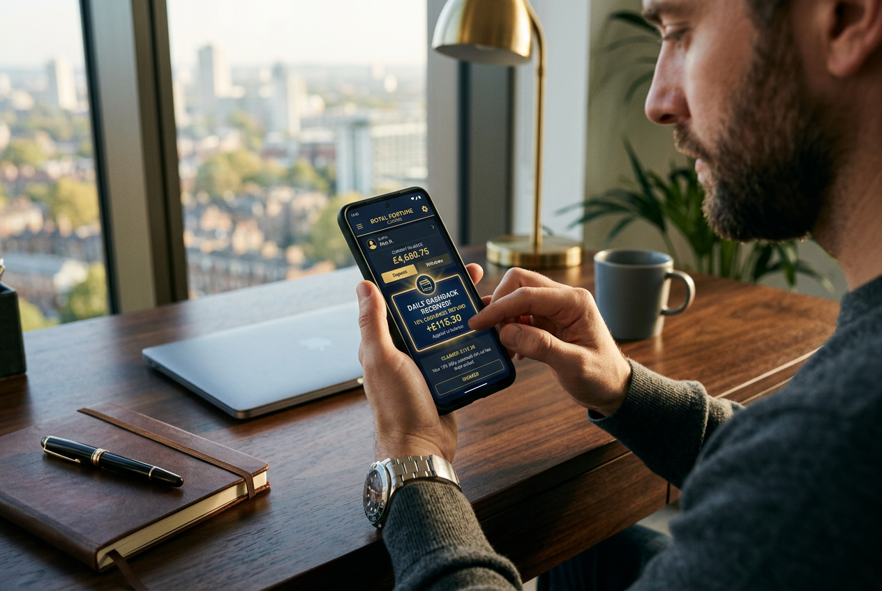 A person reviewing casino cashback statistics on a smartphone.