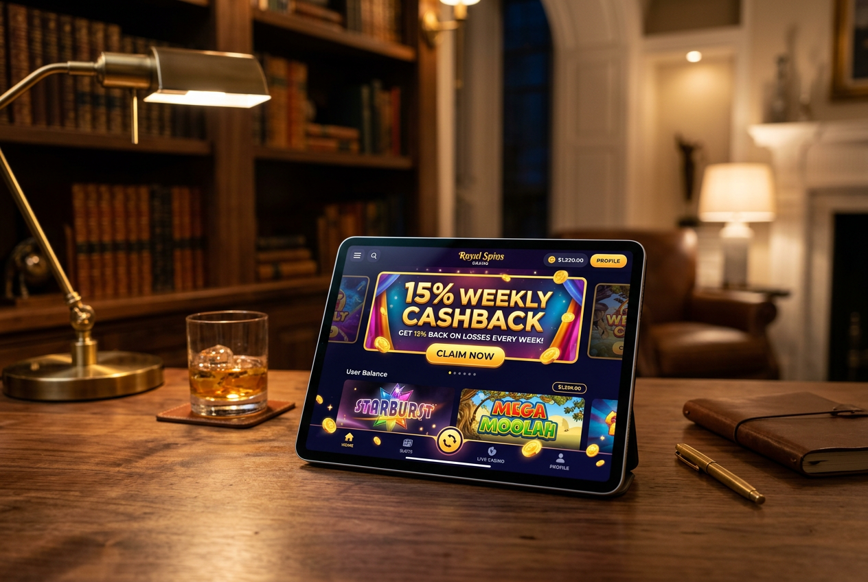 A tablet showing casino games and cashback deals.