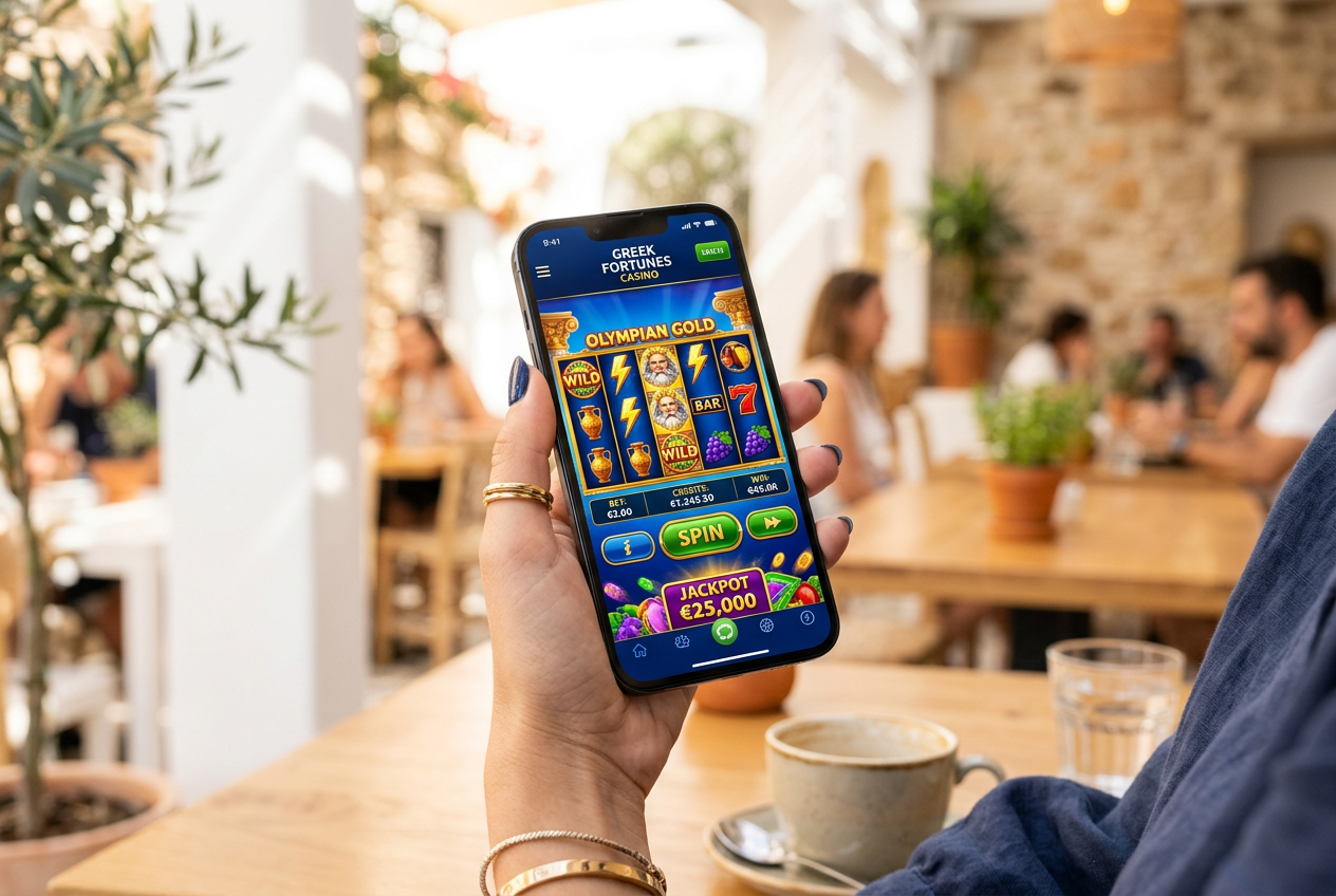 A person holding a smartphone showing a casino interface in a modern Greek cafe