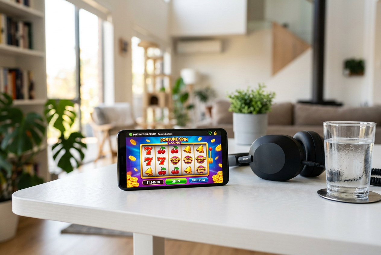 High-end smartphone showing a casino app on a modern desk.