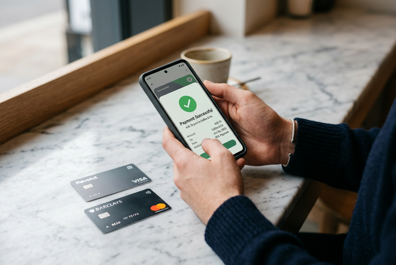 A close-up shot of a user securely initiating an online banking transaction with European payment methods on a smartphone.