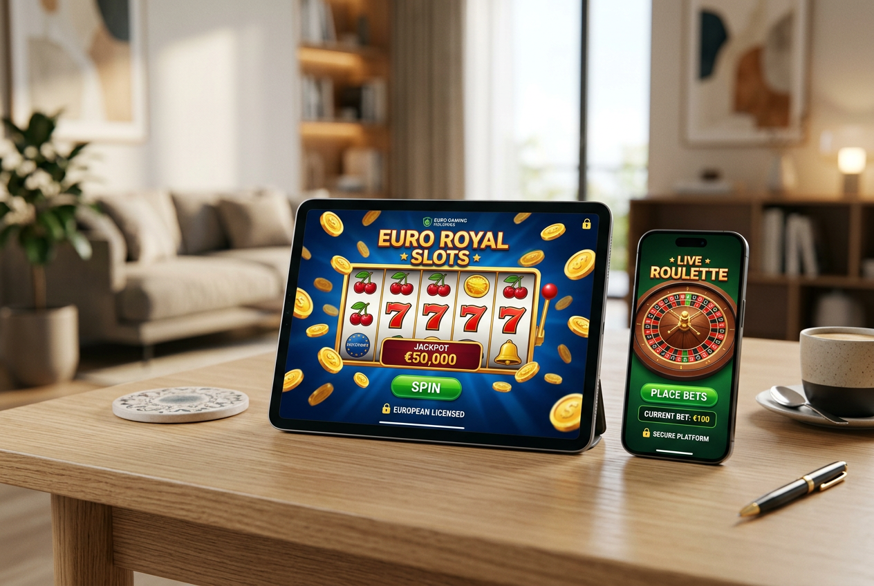 A modern and sleek presentation of European online casino interfaces displayed on multiple premium devices like tablets and smartphones, reflecting 2026 digital standards.